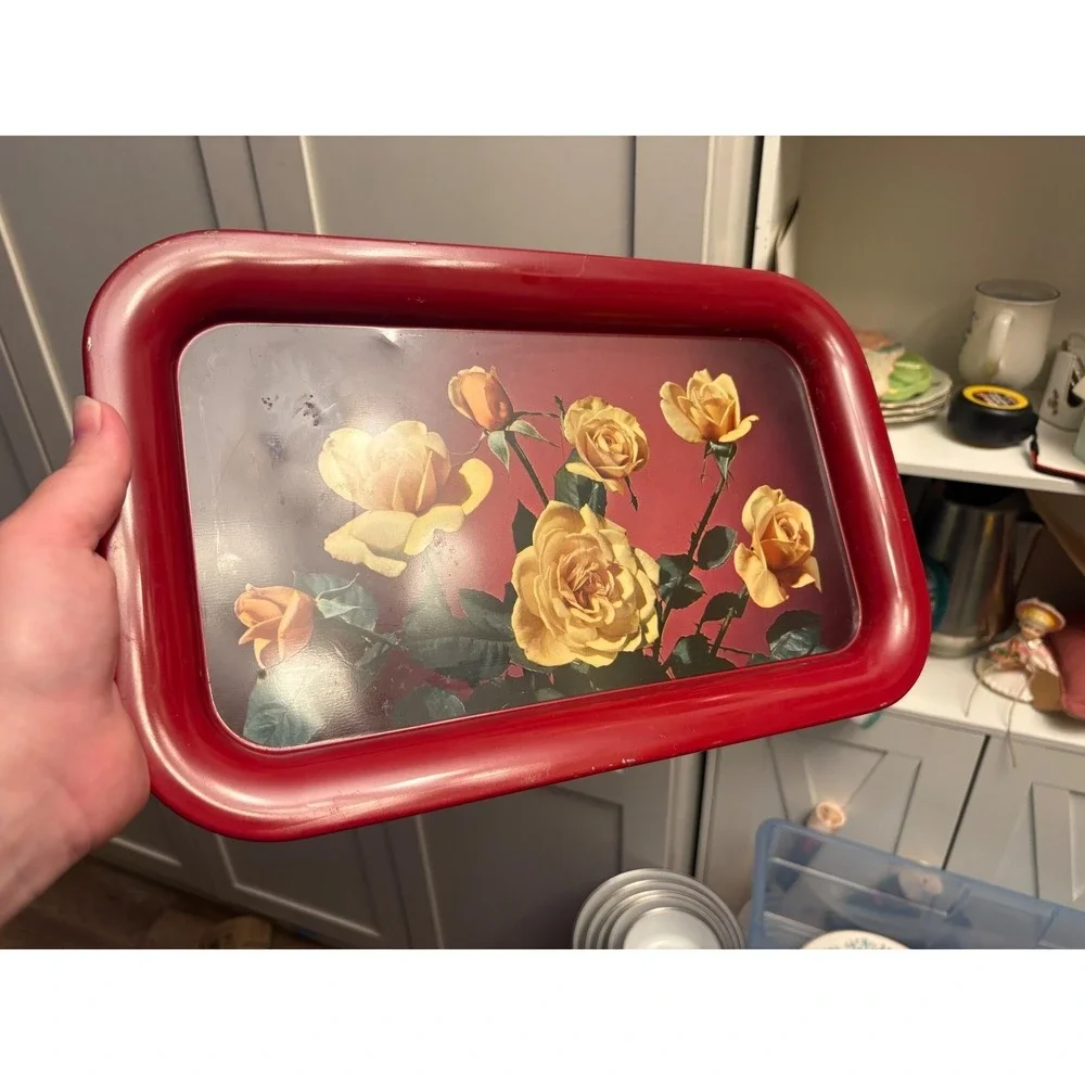 Vintage Metal Serving Tray Yellow Roses Floral Red Rim Rectangular Tin Toleware